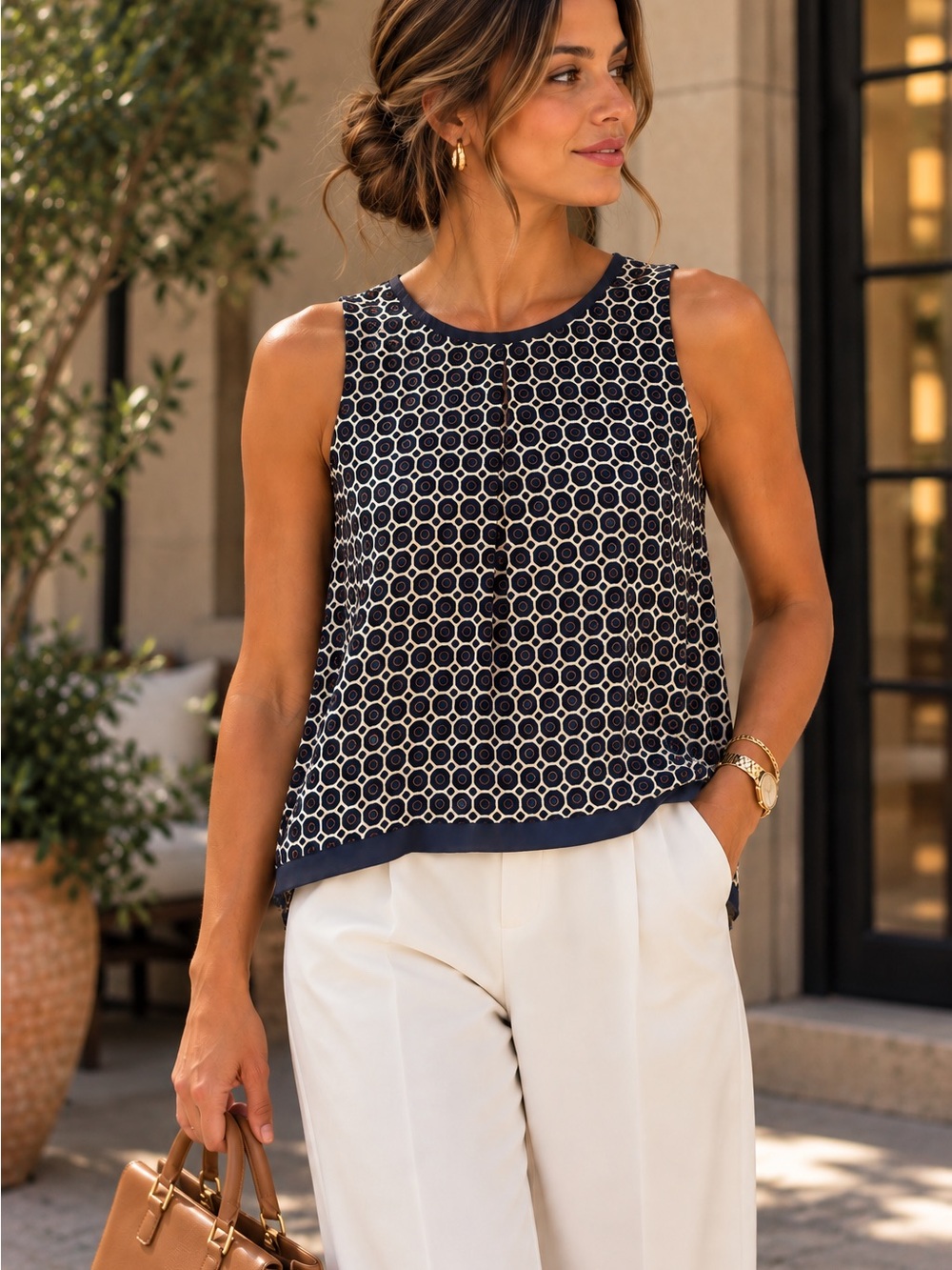 Dalia Collection Navy and White Geometric Sleeveless Camisole